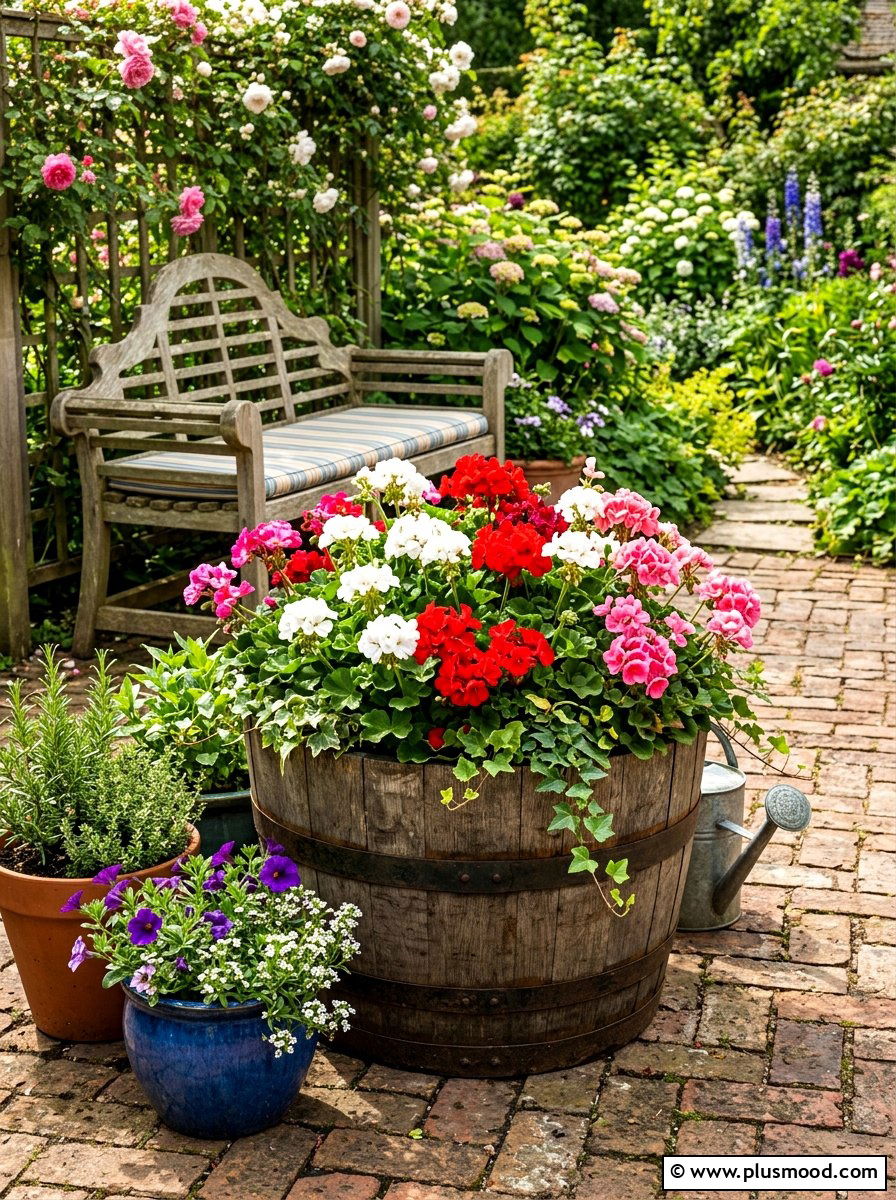 Multicolored geranium barrel planters - 25 summer planters with geraniums ideas