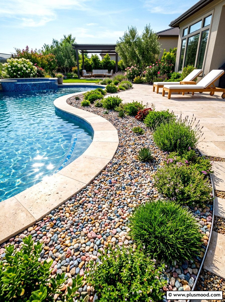 Multicolored gravel pool border - 25 pool landscaping ideas with gravel