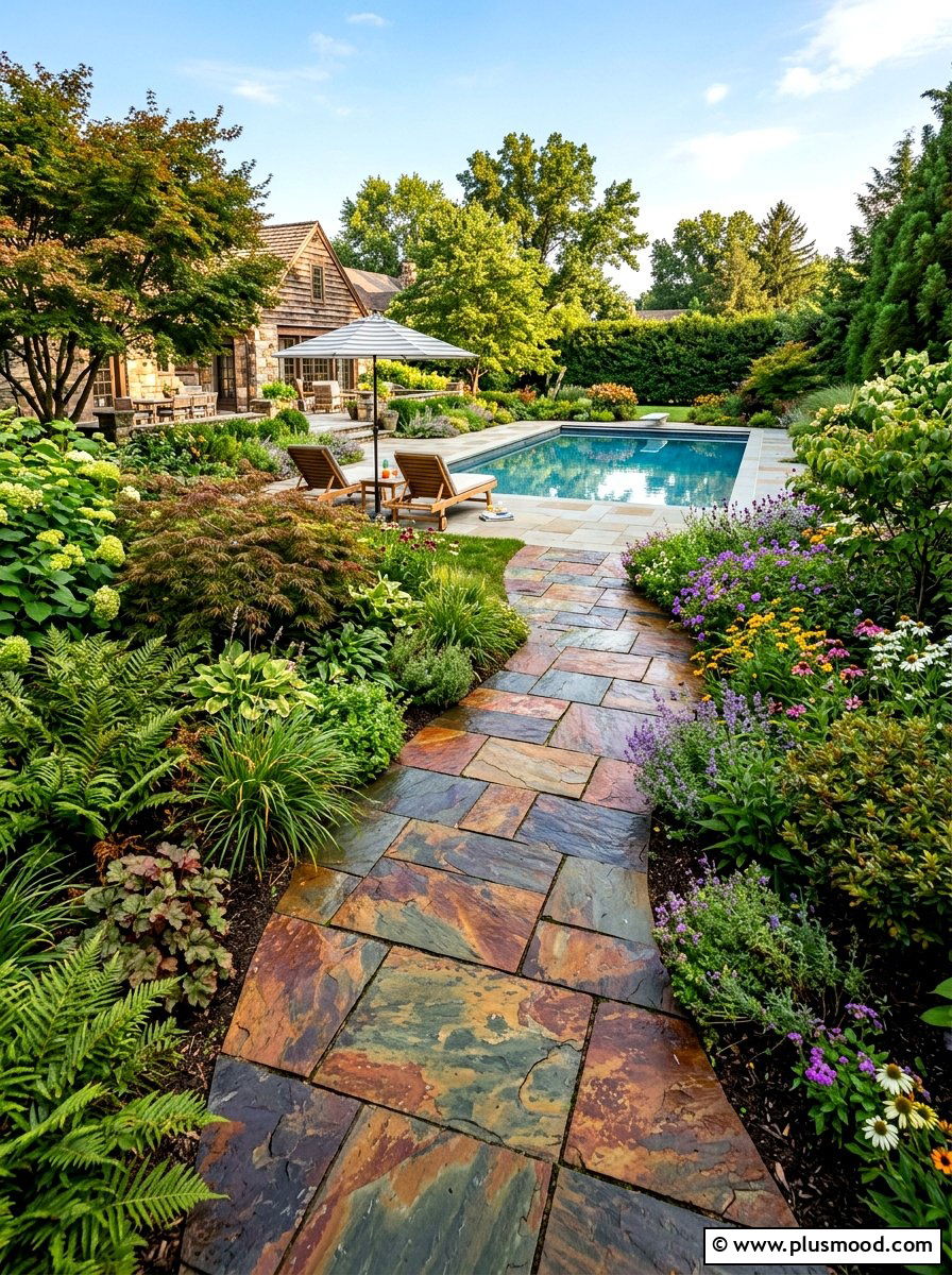 Multicolored slate path - 25 pool landscaping ideas with stepping stones