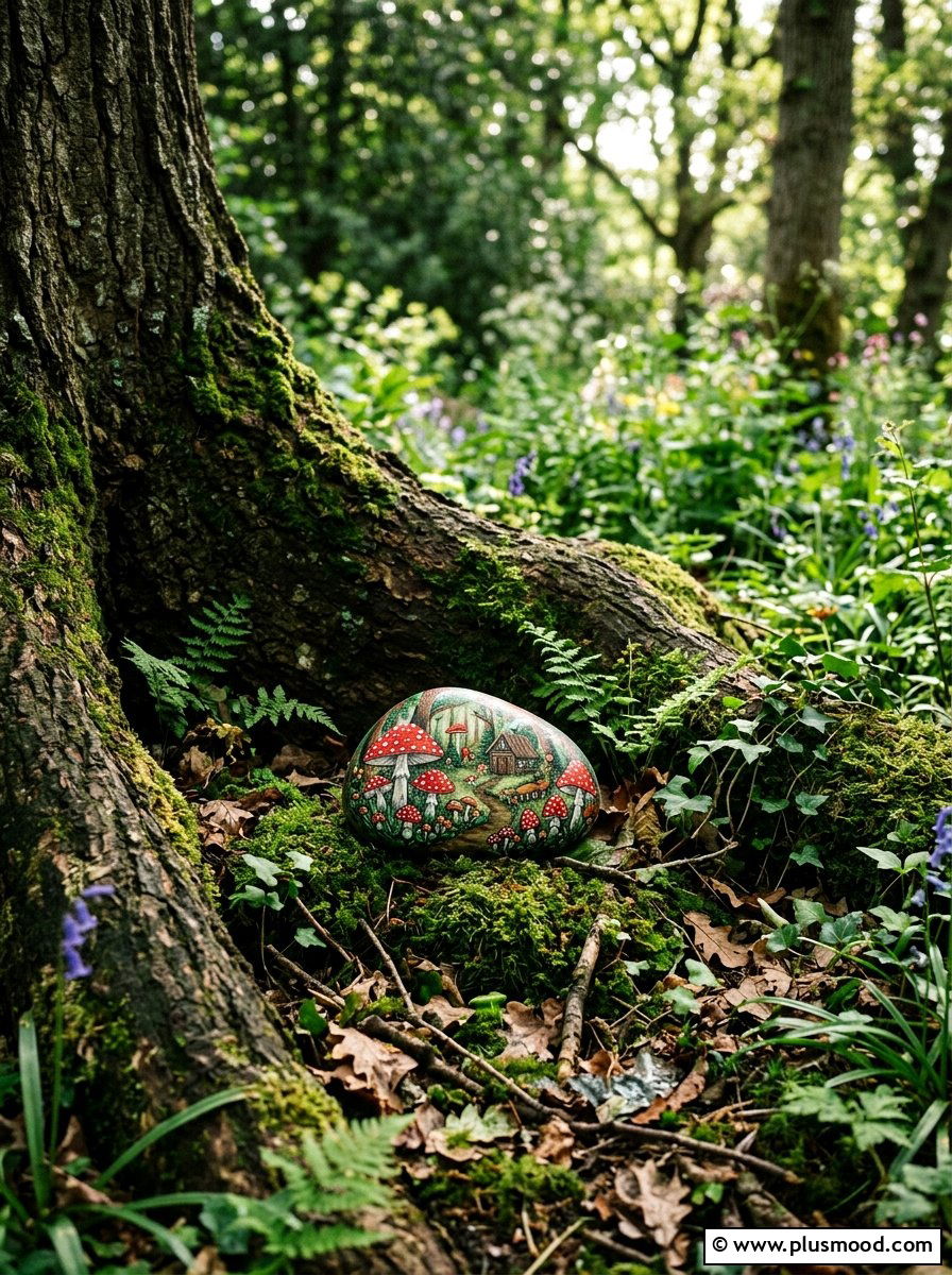 Mushroom Forest Painted Rock - 25 painted rock ideas with nature prints
