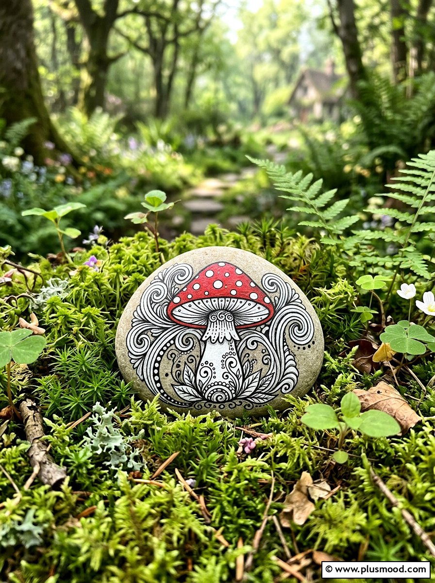 Mushroom Zentangle Stone - 25 painted rock ideas with zentangle art