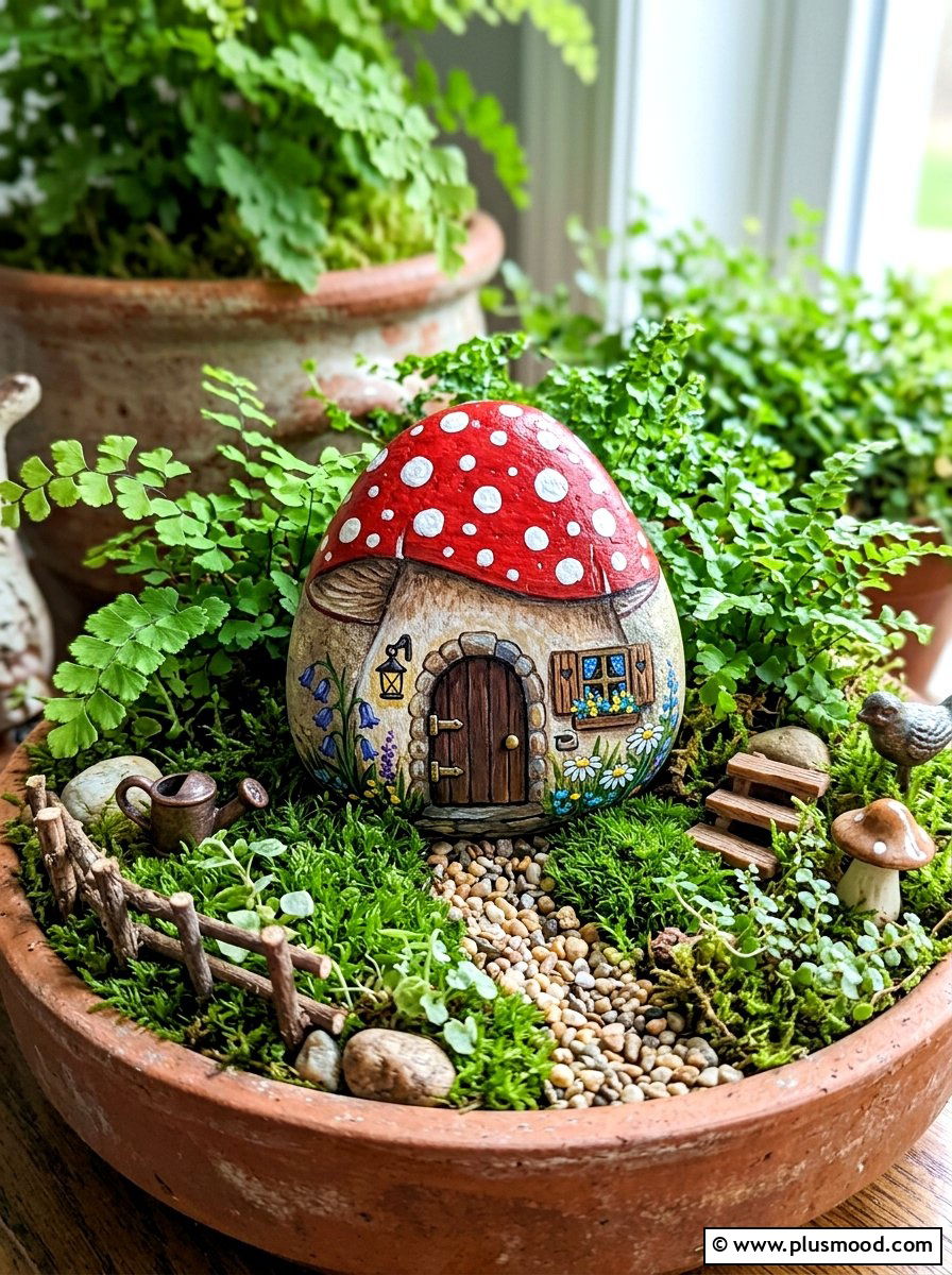 Mushroom gnome house - 25 painted rock ideas with gnomes
