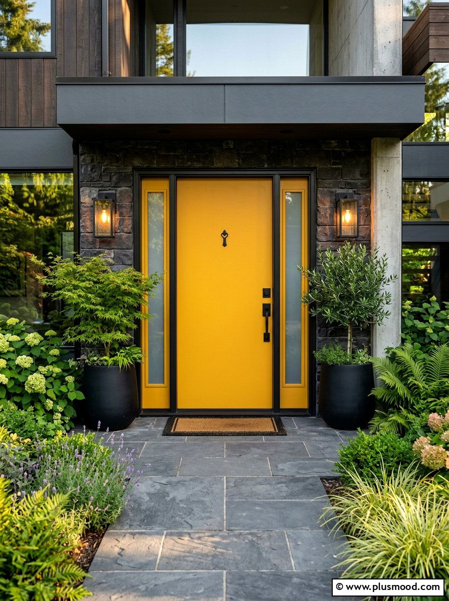 Mustard yellow front door black hardware - 25 summer yellow front door ideas