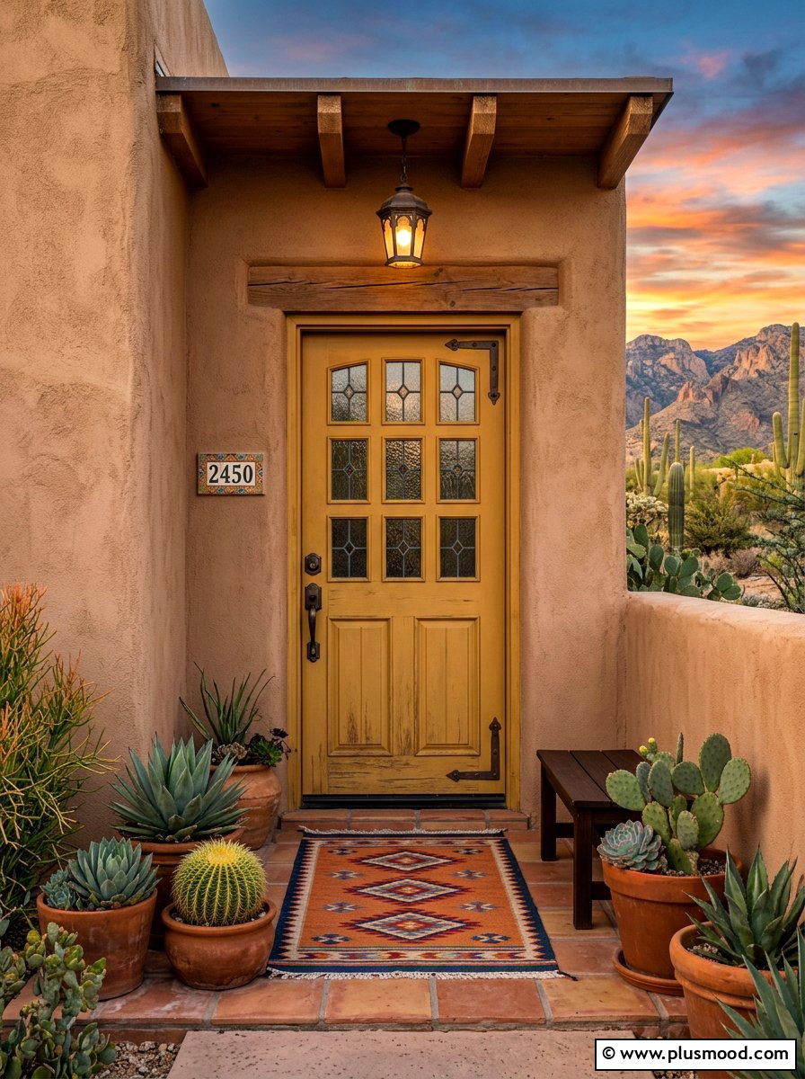 Muted ochre yellow front door - 25 summer yellow front door ideas