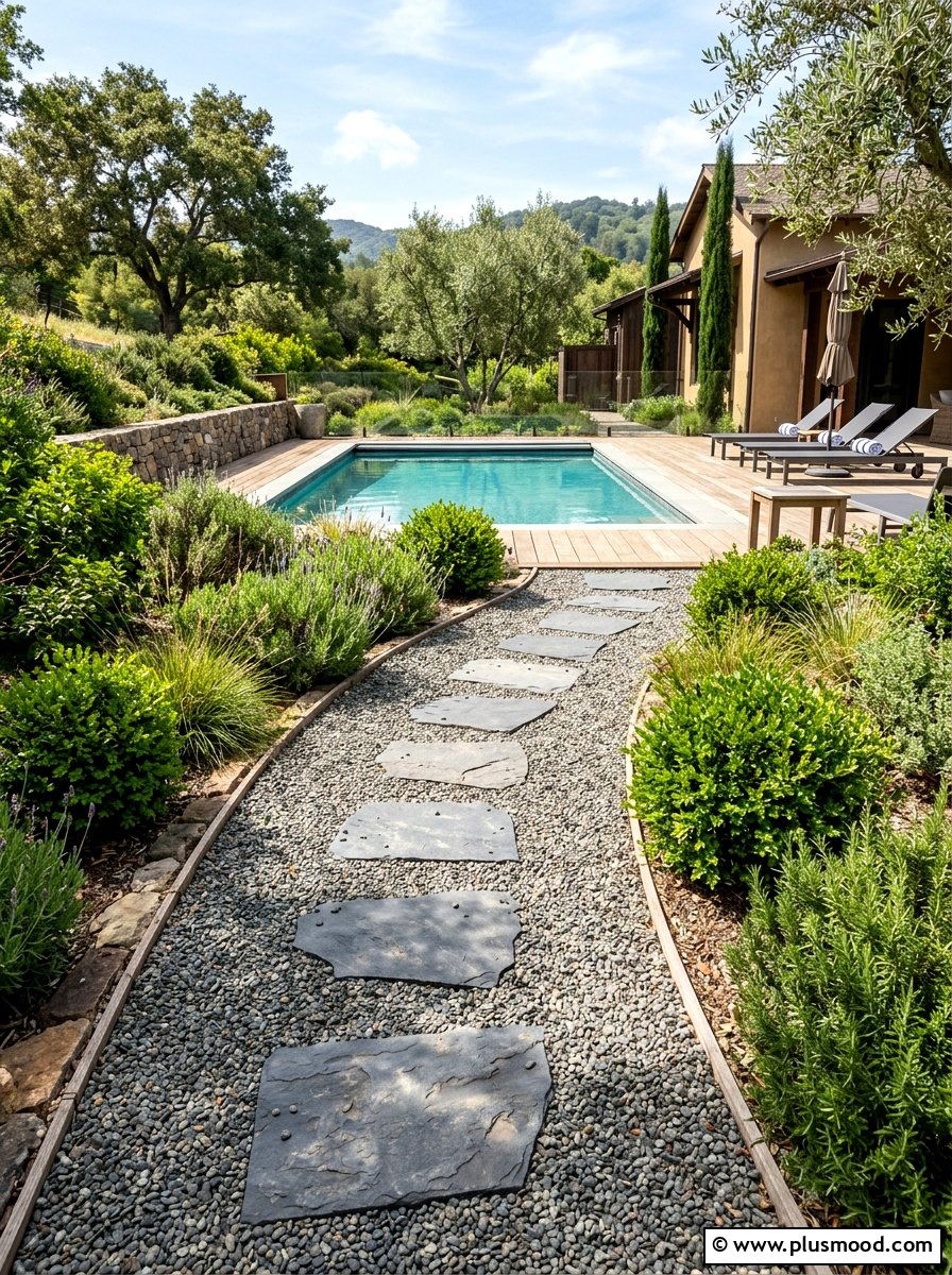 Narrow gravel path walkway - 25 pool landscaping ideas for small spaces