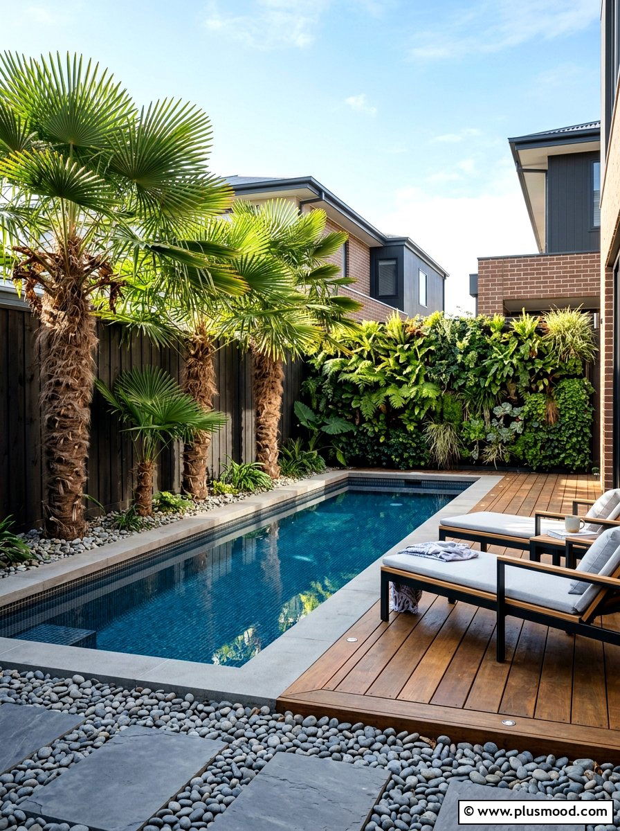 Narrow pool side with windmill palms - 25 pool landscaping ideas with palm trees