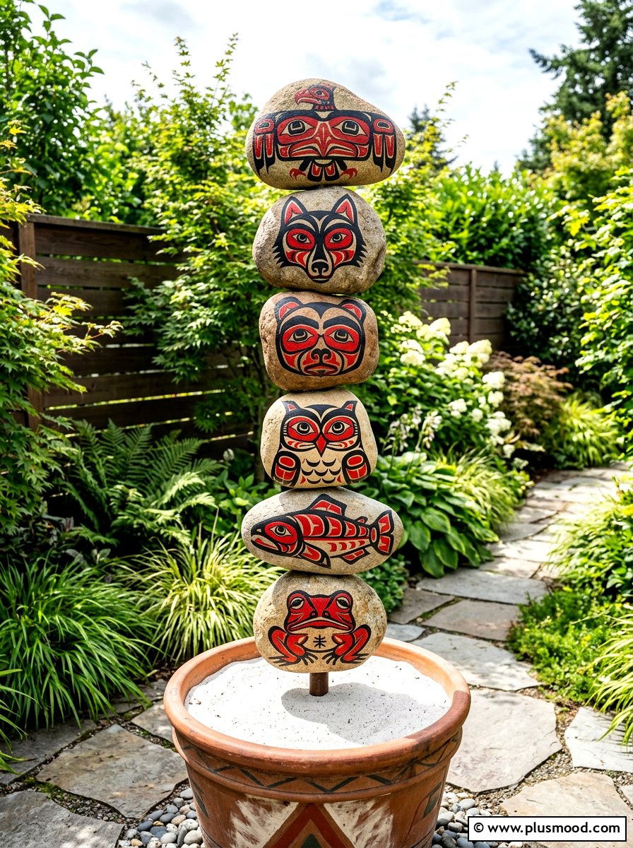 Native American totem pole rocks - 25 painted rock ideas with tribal art