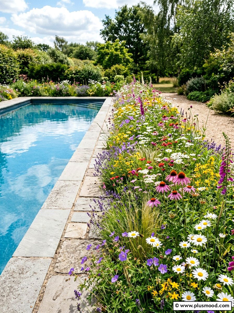 Native Wildflower Meadow Border - 25 pool landscaping ideas for rectangular pools