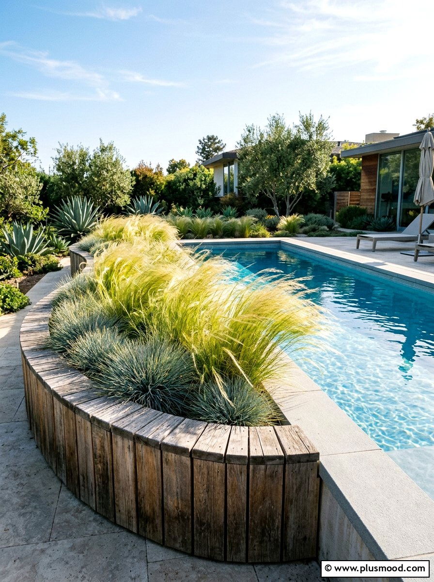 Native grass pool planter - 25 pool landscaping ideas with curved planters