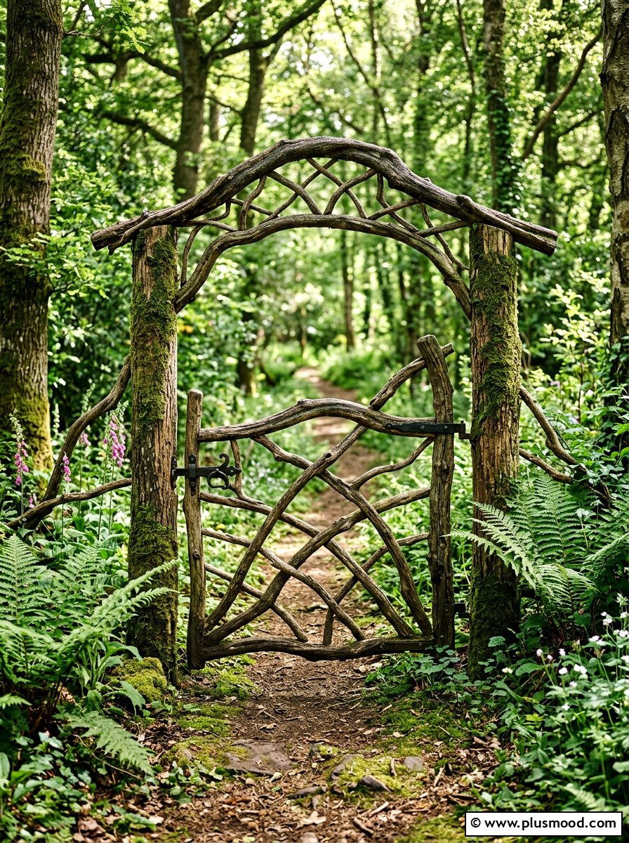 Natural Branch Wood Garden Gate - 25 outdoor garden decor ideas with wooden gate