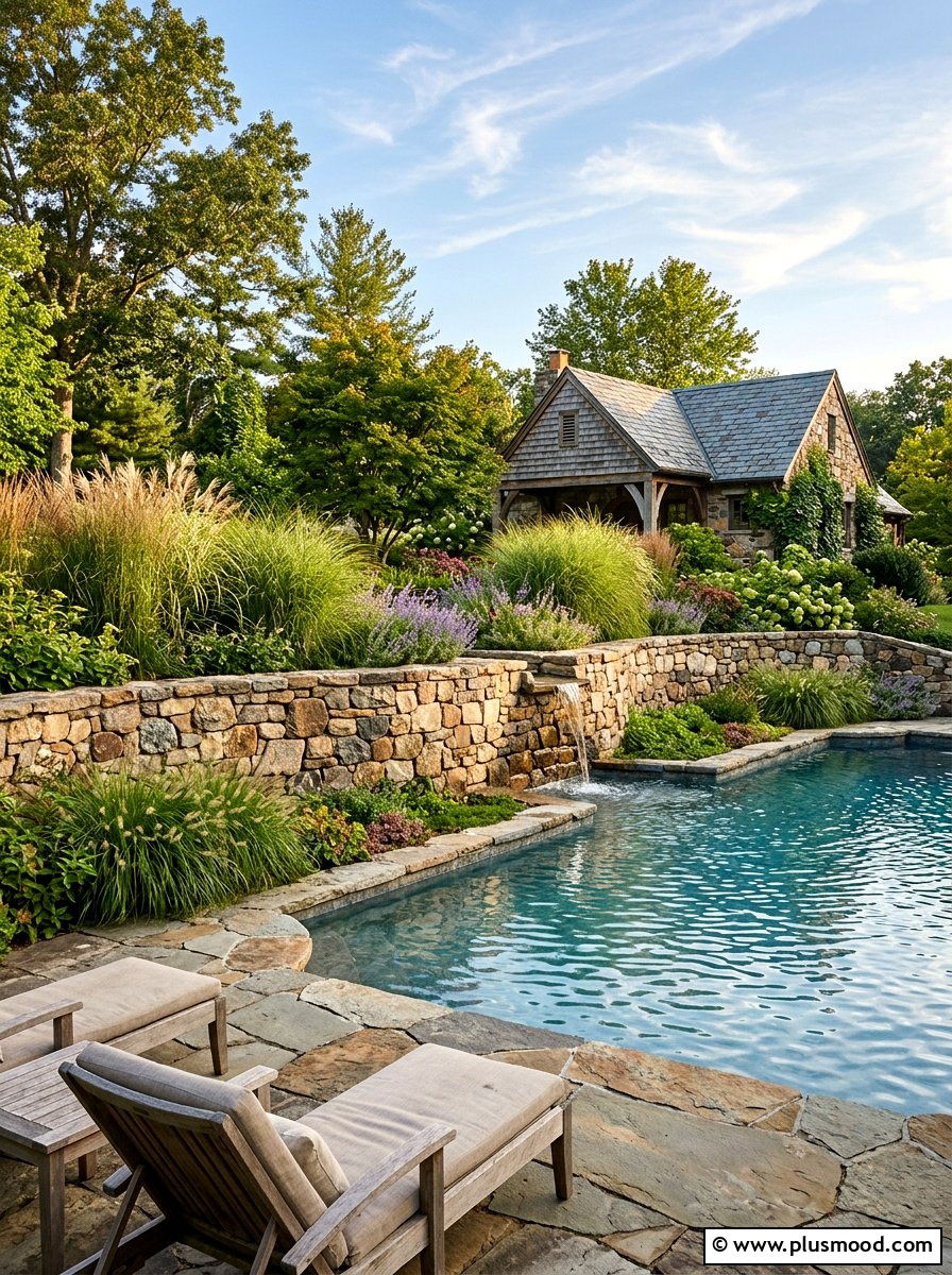 Natural Fieldstone Pool Wall - 25 pool landscaping ideas with stone walls