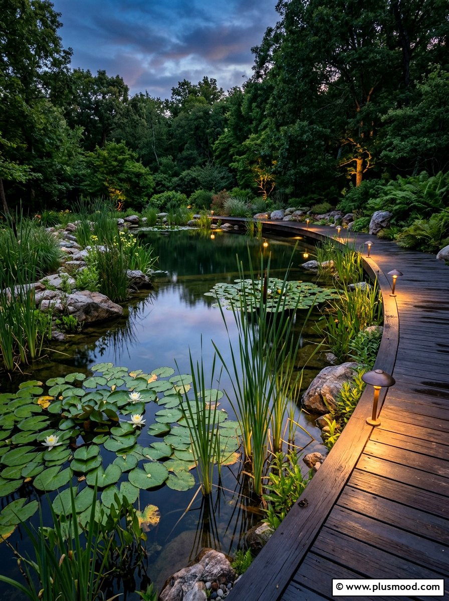 Natural Pond Style Pool With Soft Pathway Lights - 25 pool landscaping ideas with night lighting