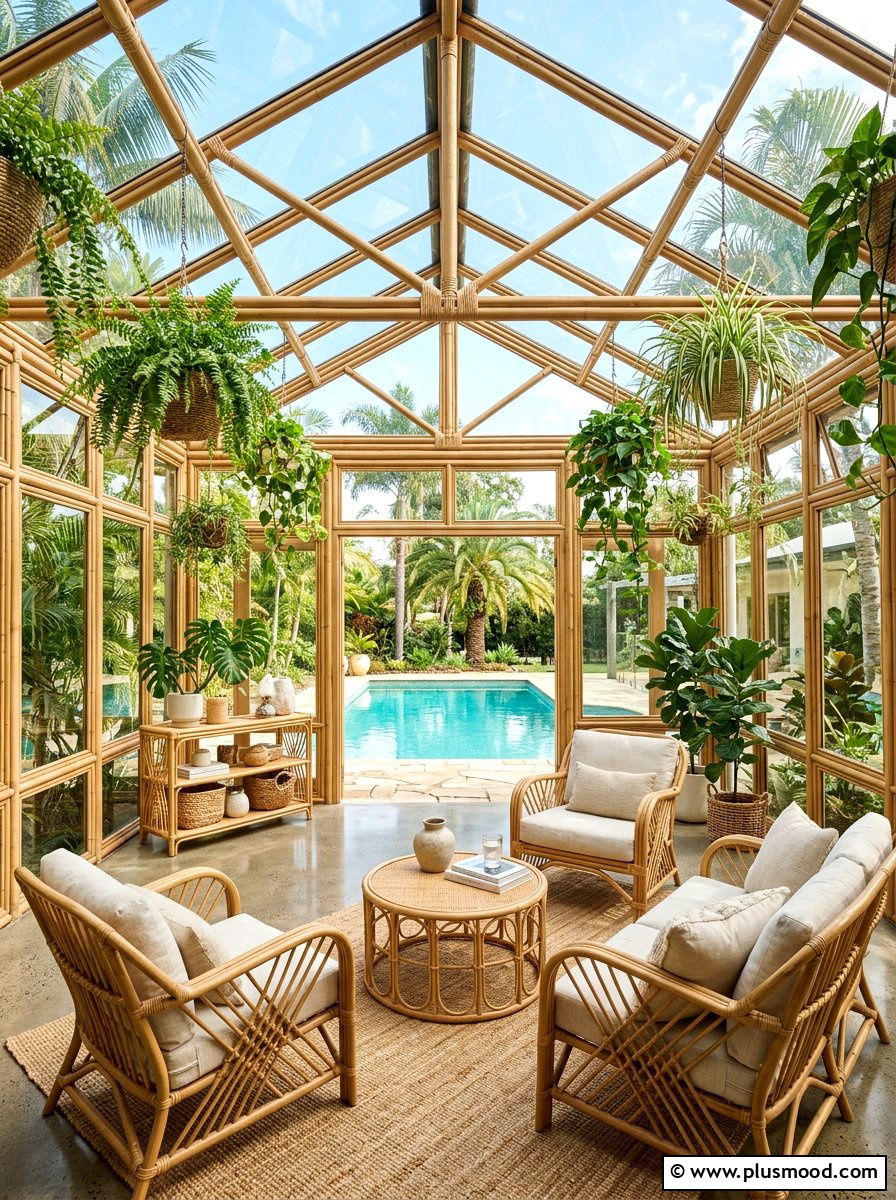 Natural Rattan Sunroom Pool House - 25 summer pool house decor ideas