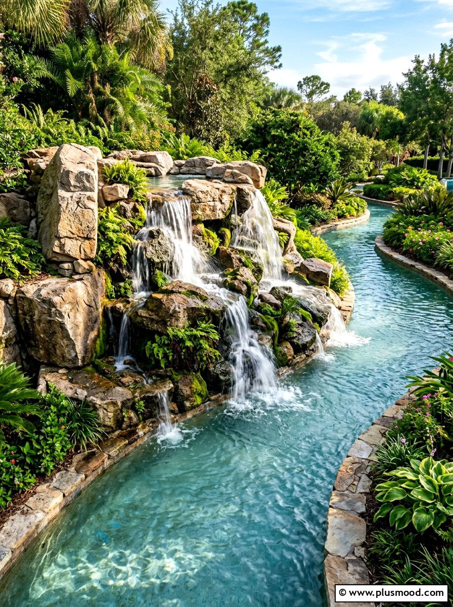 Natural Rock Waterfalls - 25 pool landscaping ideas for lazy river pools
