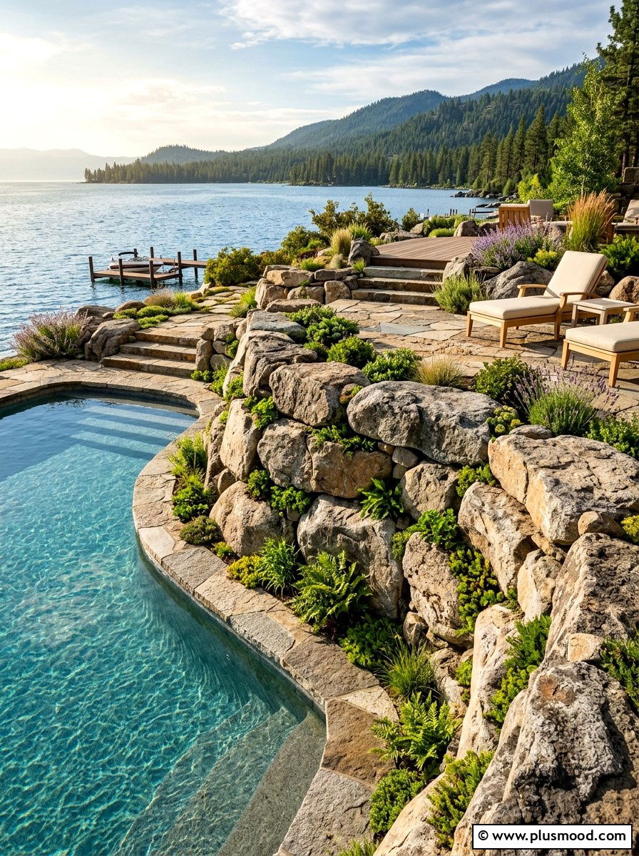 Natural Stone Lakefront Pool Retaining Wall - 25 pool landscaping ideas for lakefront homes