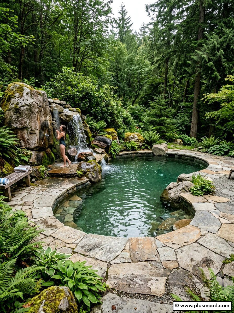 Natural Stone Pool Coping With Rock Shower - 25 pool landscaping ideas with outdoor shower
