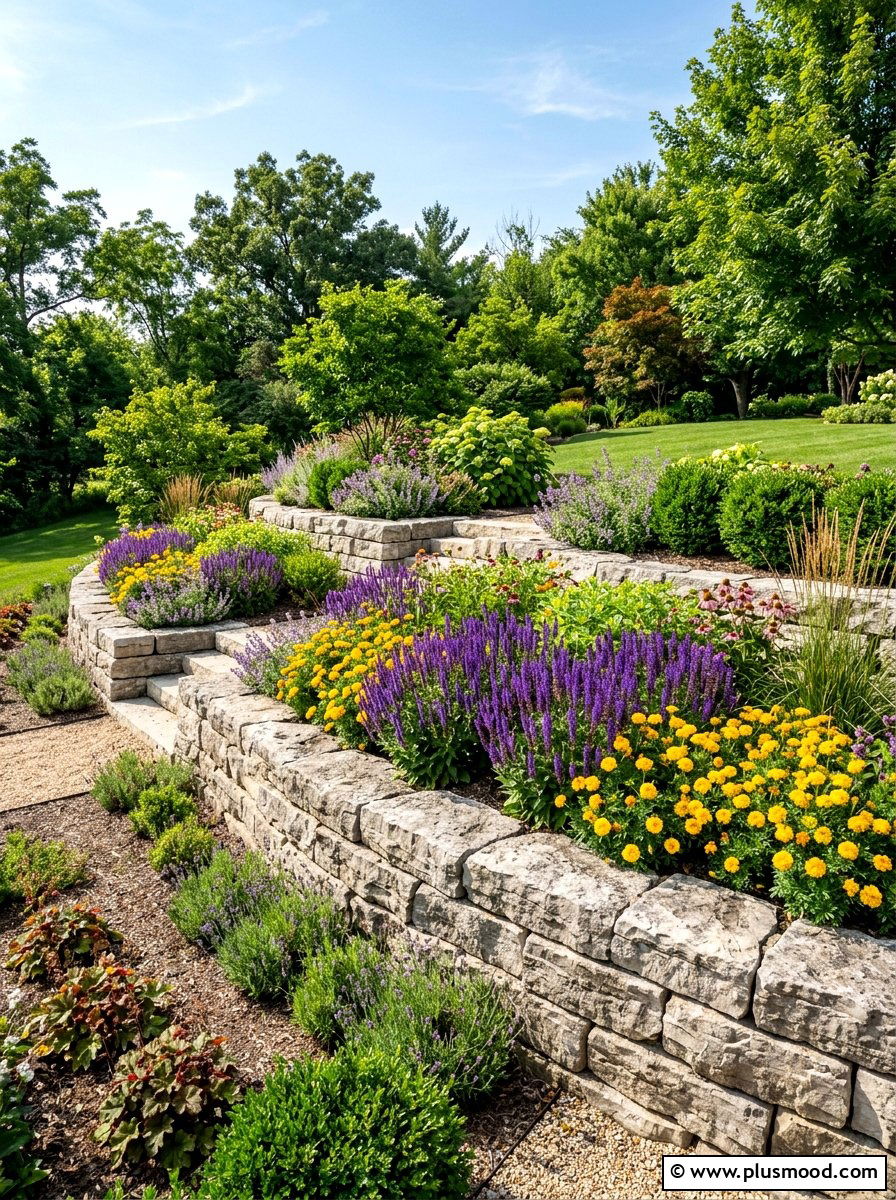 Natural Stone Tiered Garden - 25 summer retaining wall landscaping ideas