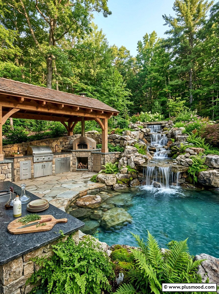 Natural Stone Waterfall - 25 pool landscaping ideas with outdoor kitchen