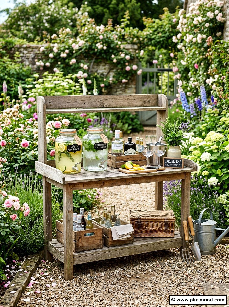 Natural Wood Potting Bench Bar - 25 summer patio bar cart ideas