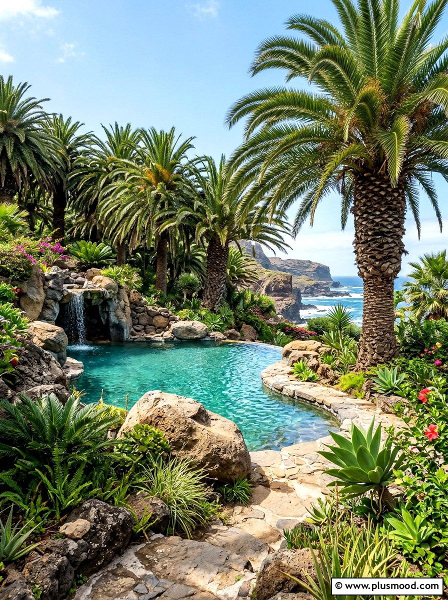 Natural rock pool with canary island date palms - 25 pool landscaping ideas with palm trees