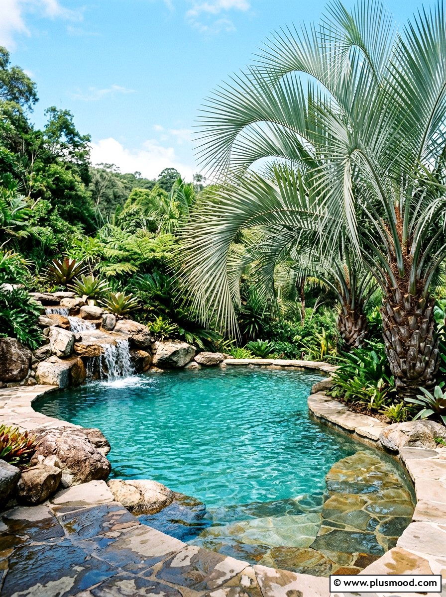 Natural rock pool with pindo palms - 25 summer pool landscaping ideas with palms