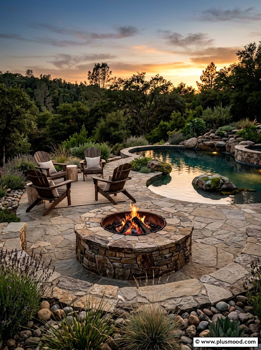 Natural stone fire pit pool area - 25 pool landscaping ideas with fire feature