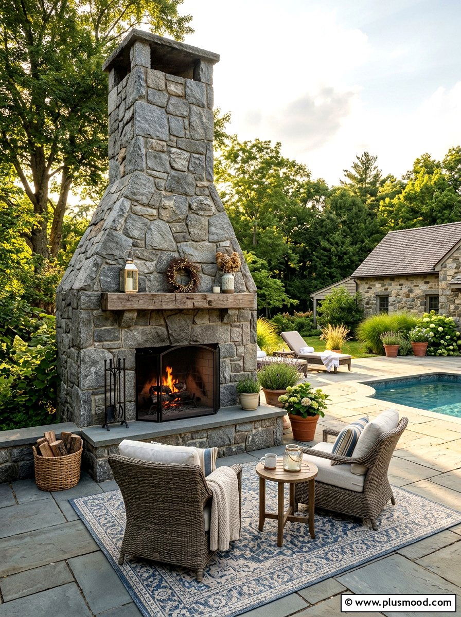 Natural stone fireplace - 25 pool landscaping ideas with natural stone