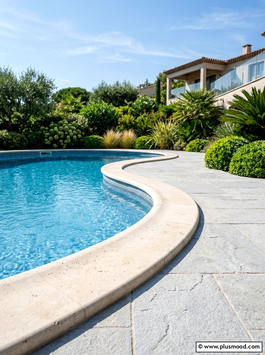 Natural stone pool coping - 25 pool landscaping ideas with curved edges