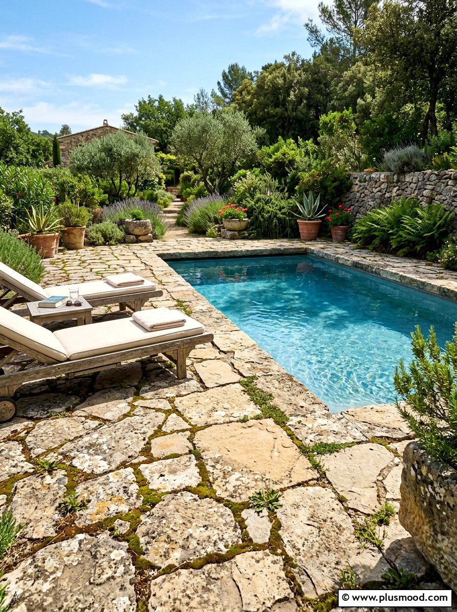Natural stone pool deck - 25 pool landscaping ideas for cottagecore theme
