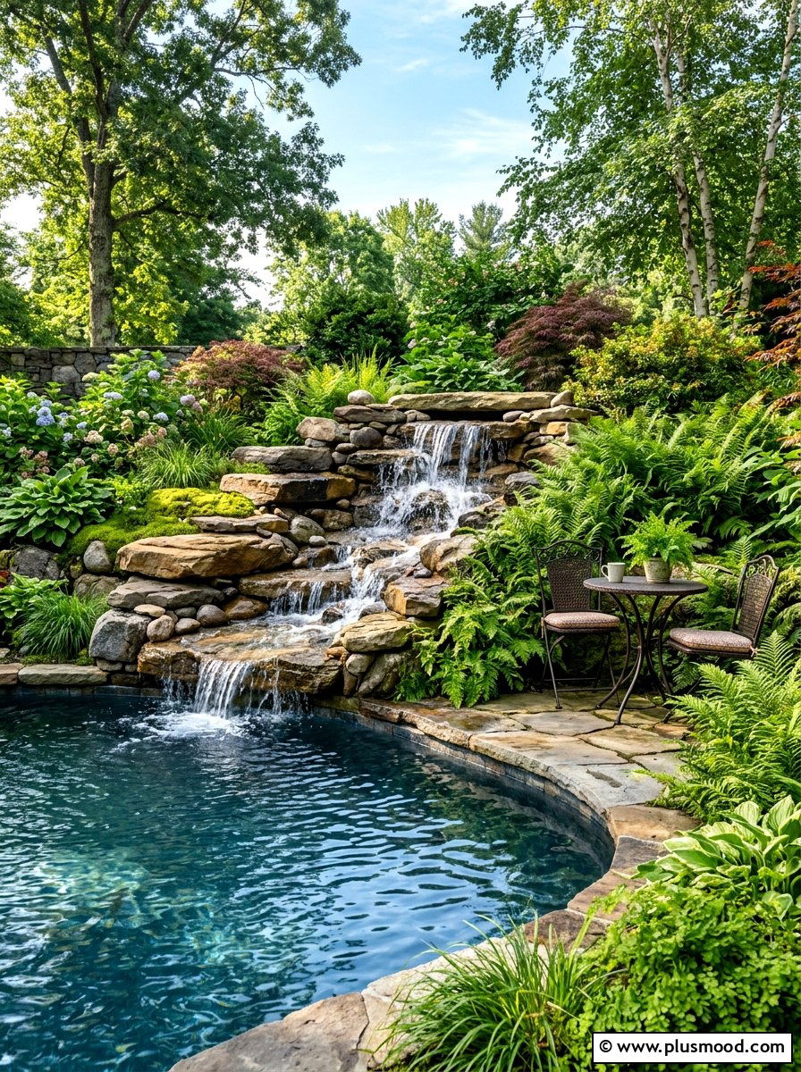 Natural stone pool waterfall - 25 pool landscaping ideas with outdoor seating