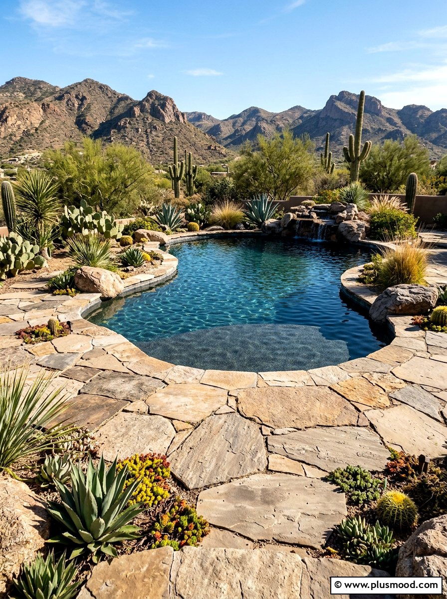 Natural stone pool with cactus - 25 pool landscaping ideas with cactus garden