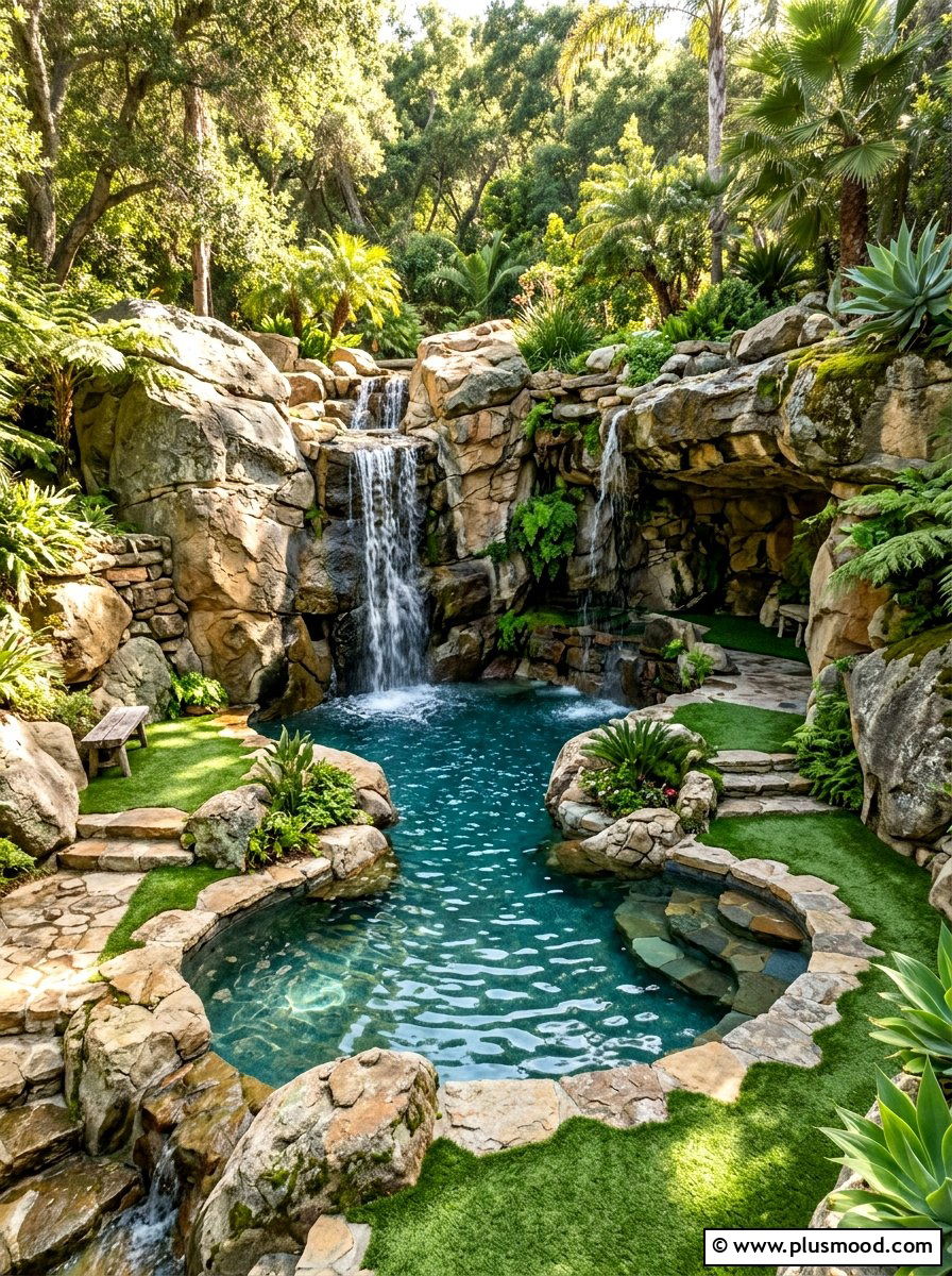 Natural stone pool with turf accents - 25 pool landscaping ideas with artificial turf