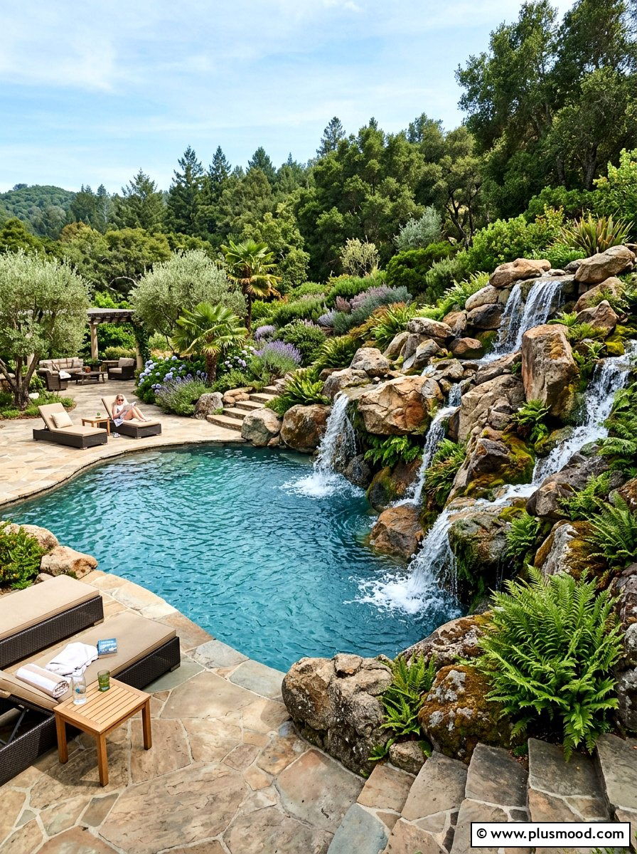 Natural stone rock waterfall - 25 pool landscaping ideas for saltwater pools