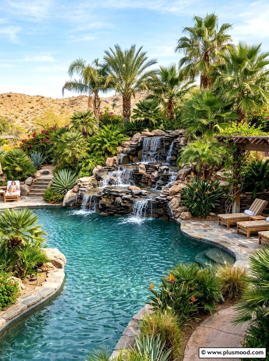 Natural stone waterfalls - 25 pool landscaping ideas for desert climates