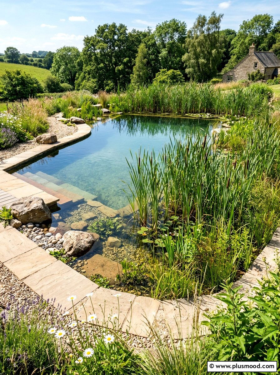 Natural swimming pool with tall grass - 25 pool landscaping ideas with grass