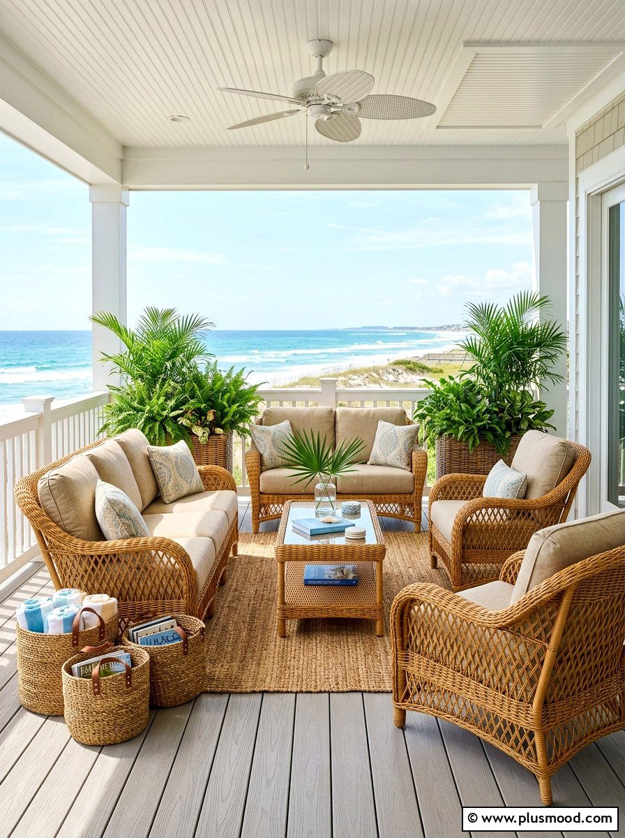 Natural wicker coastal porch - 25 summer coastal porch ideas
