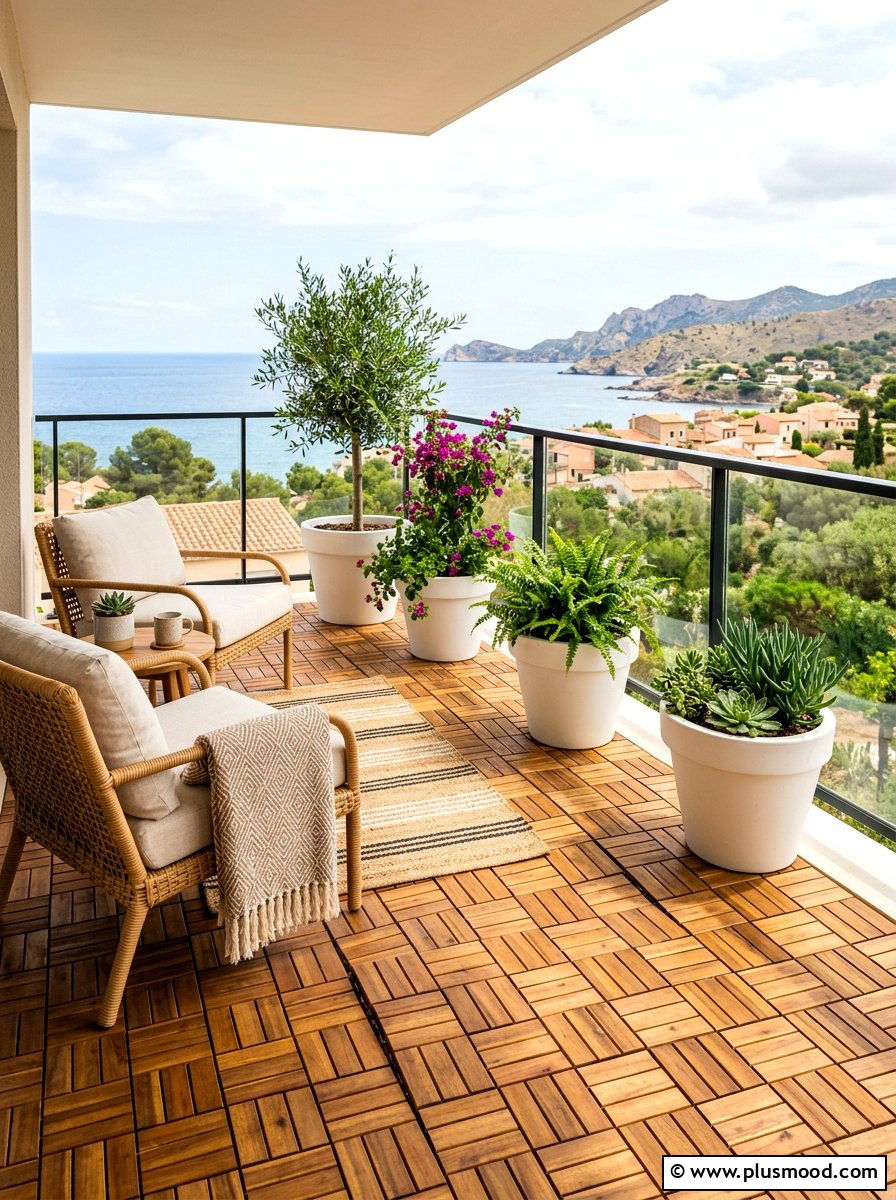 Natural wood balcony decking - 25 summer boho balcony ideas