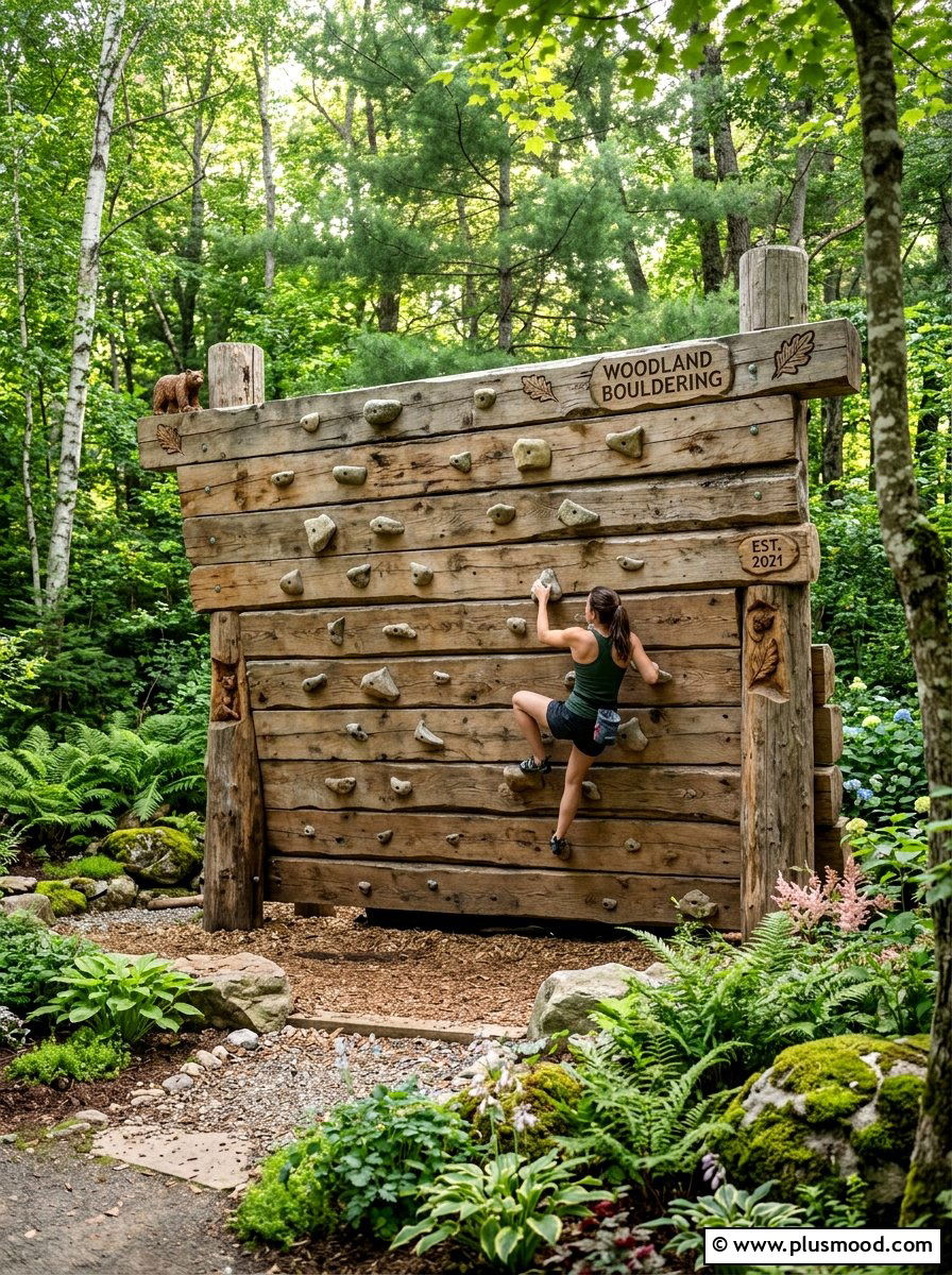 Natural wood bouldering wall - 25 small backyard ideas with climbing wall