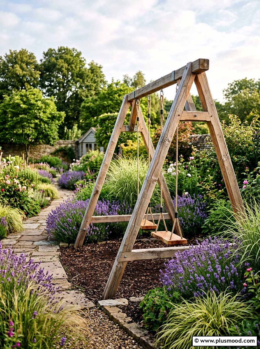 Natural wood swing set for garden - 25 small backyard ideas with swing set