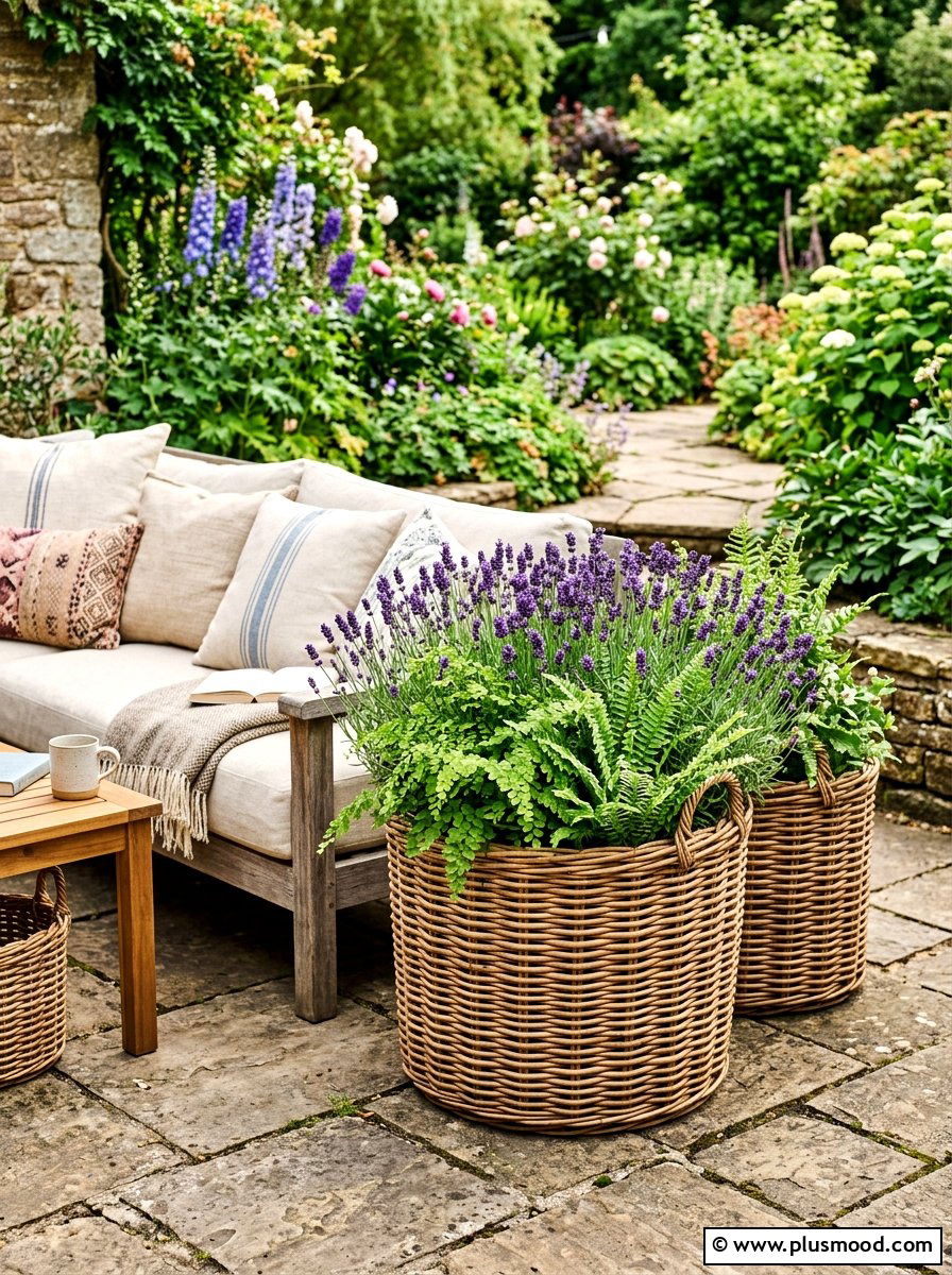 Natural woven wicker basket display - 25 summer backyard planter ideas