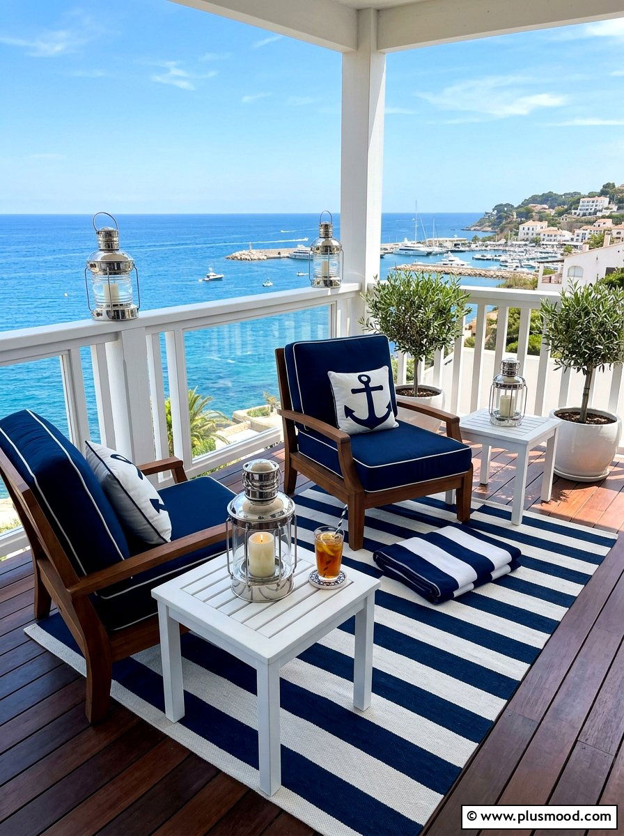 Nautical Navy And White Balcony - 25 summer coastal balcony ideas