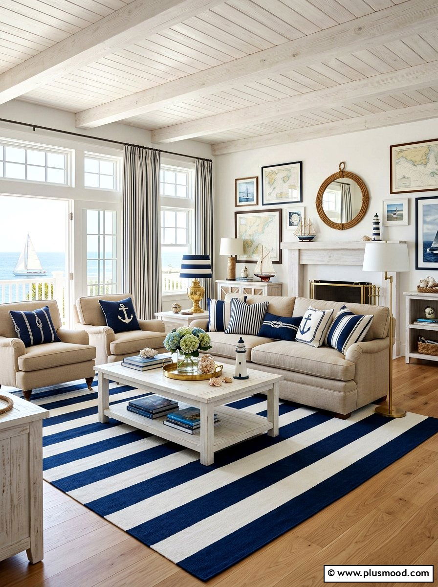Nautical Navy Stripe Living Room - 25 summer decor ideas for beige living room