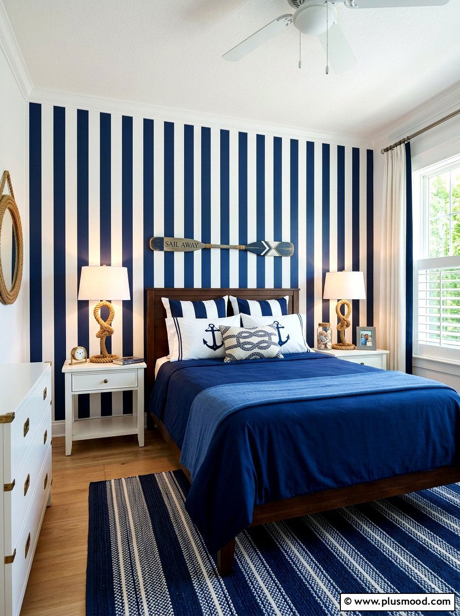 Nautical Striped Bedroom - 25 small summer bedroom ideas
