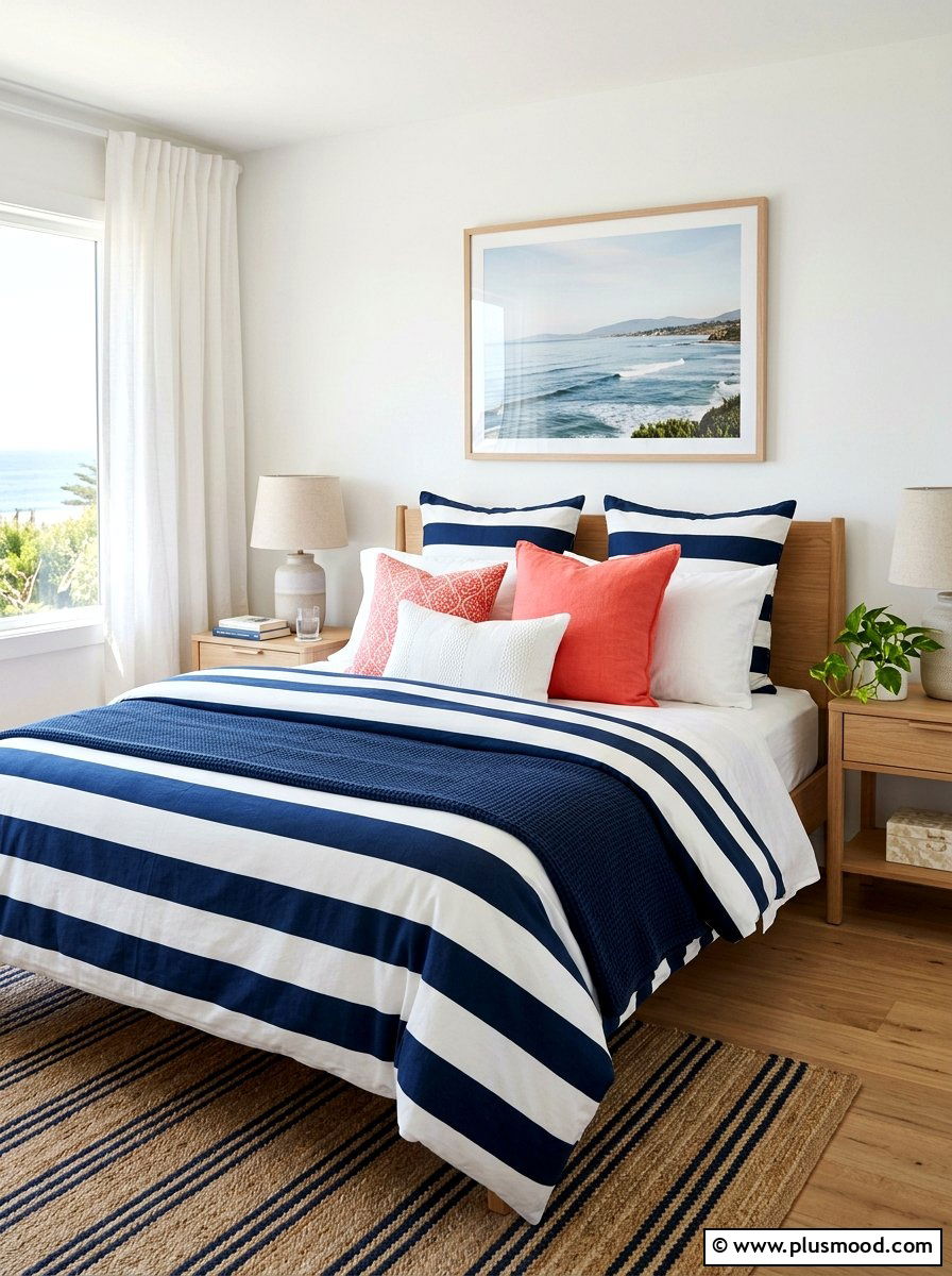 Nautical Striped Coastal Bedding - 25 summer coastal decor ideas
