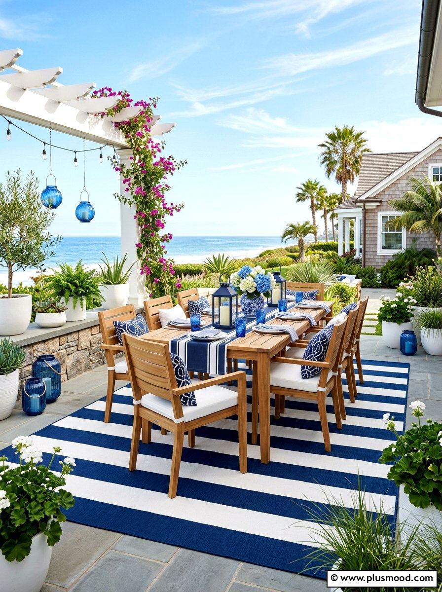 Nautical Striped Outdoor Rug - 25 summer coastal patio ideas