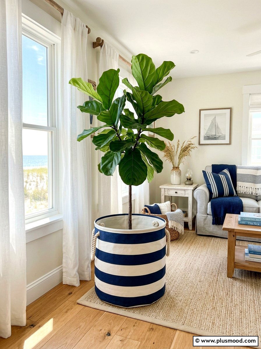 Nautical stripe fabric pot - 25 summer coastal planter ideas
