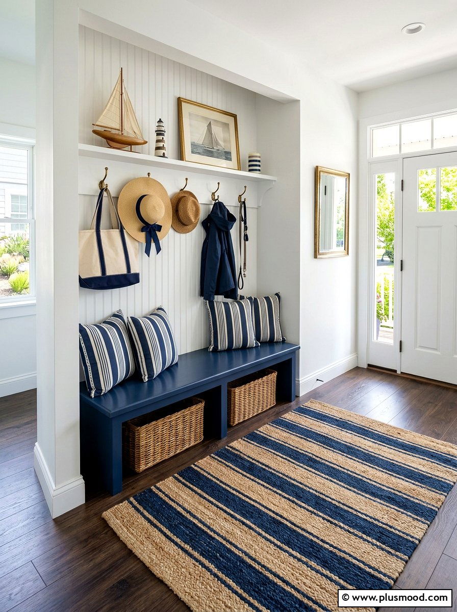 Nautical stripes entryway nook - 25 summer modern summer decor ideas