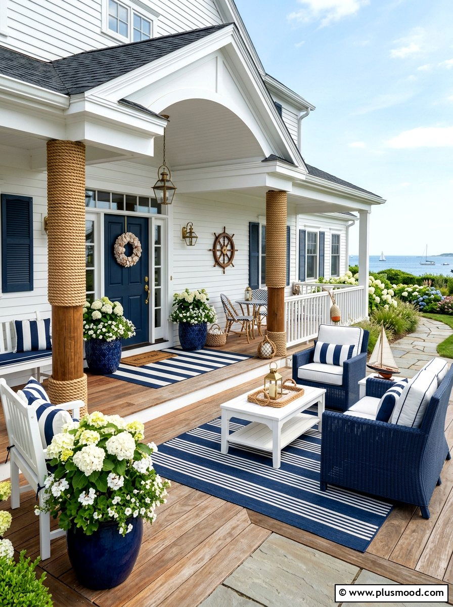 Navy And White Nautical Porch - 25 summer colorful front porch ideas