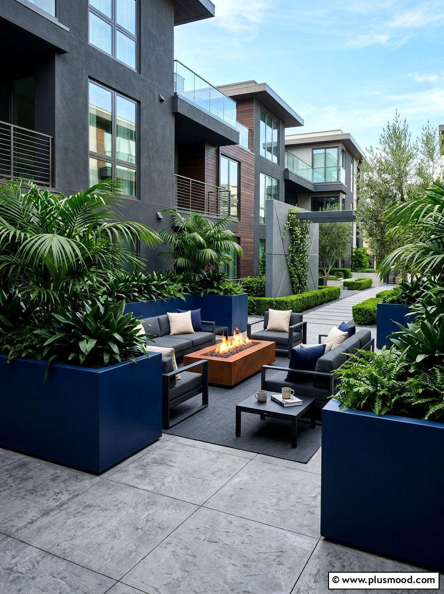 Navy Blue Modern Courtyard - 25 summer blue planter styling ideas