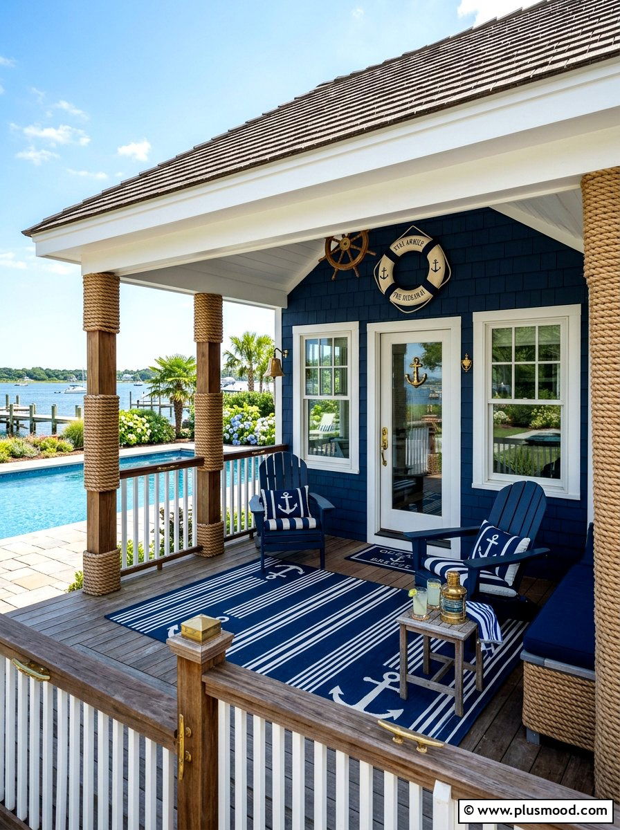 Navy Blue Nautical Pool House Porch - 25 summer pool house decor ideas